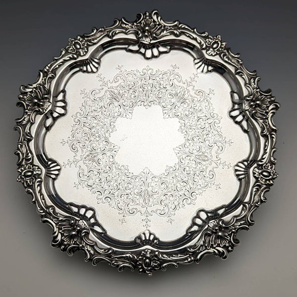 1899年 英国アンティーク 純銀製サルヴァ カードトレイ 直径21.5cm 400g Barker Bros